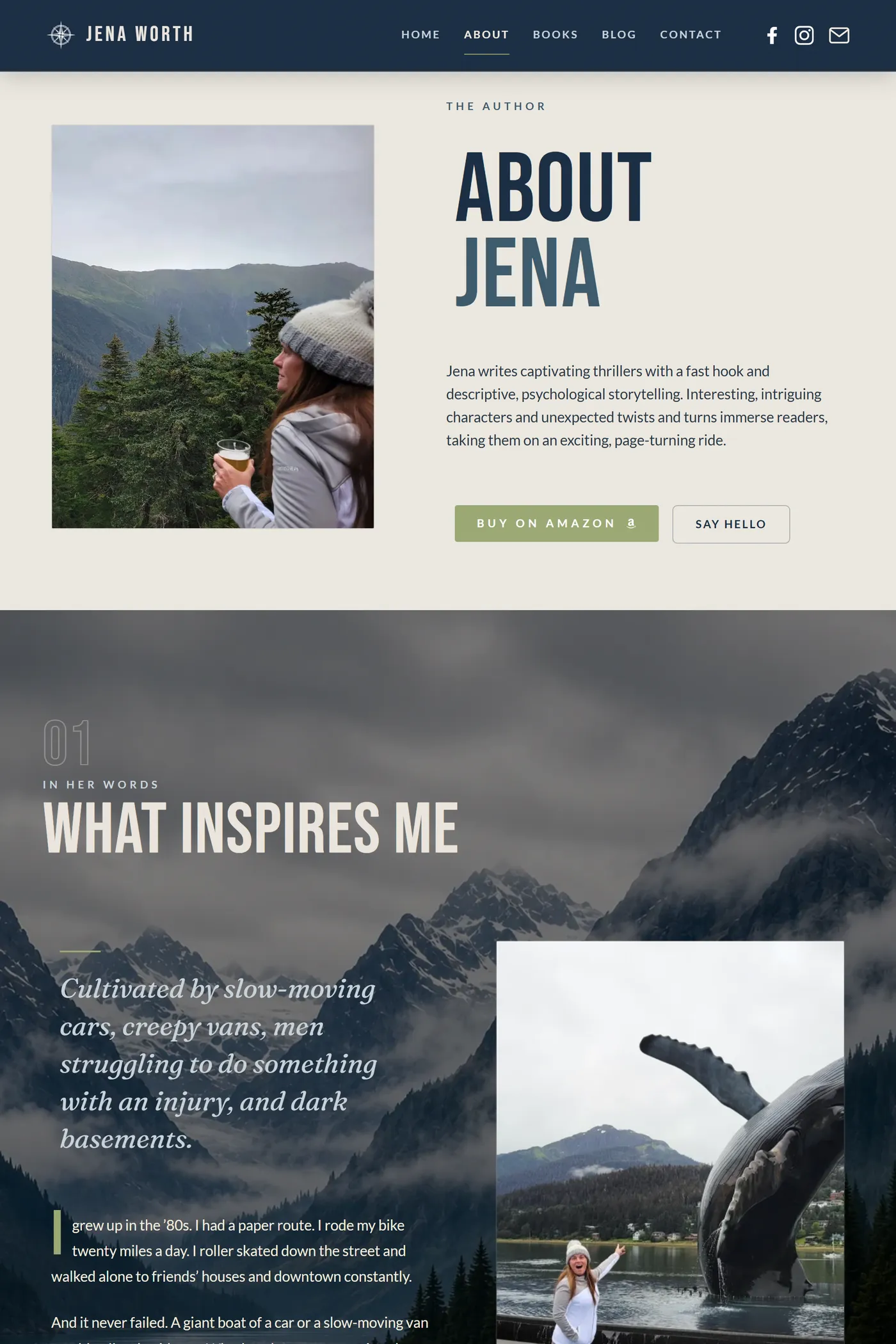 Preview of the About page on jenaworth.com - Alaskan thriller author Jena Worth