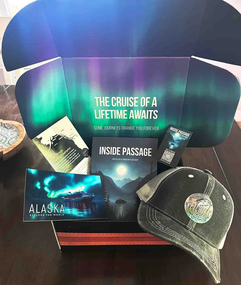Inside Passage media kit box by Jena Worth, printed with northern lights and The Cruise of a Lifetime Awaits, holding promo cards and an Alaska trucker cap