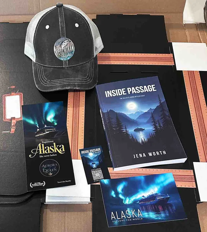 Inside Passage paperback by Jena Worth in a press kit flat-lay with a Ketchikan Alaska cap, an Aurora Queen cruise brochure, and an aurora postcard